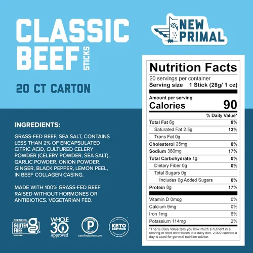 Vista 2 de The New Primal Classic Beef - Barra de carne de res, con aprobación del programa Whole30, para dietas paleo, cetogénica, certificadas sin gluten