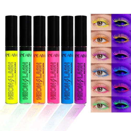 6 máscaras fluorescentes coloridas, pestañas de neón, pestañas voluminizadoras y alargadoras para pestañas, impermeable, de larga duración,