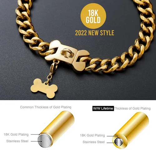 Vista 2 de Collar de perro con cadena de oro de 0.591 in, collar de perro de eslabones cubanos de oro de 18 quilates con hebilla de cierre seguro, cadena