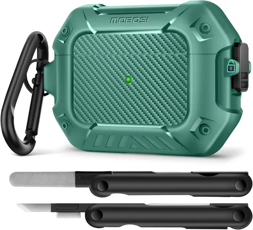 Vista 15 de MOBOSI Funda para Airpods Pro 2, compatible con AirPods Pro de 2ª/1ª generación con bloqueo, llavero y kit de limpieza, carcasa rígida protectora a