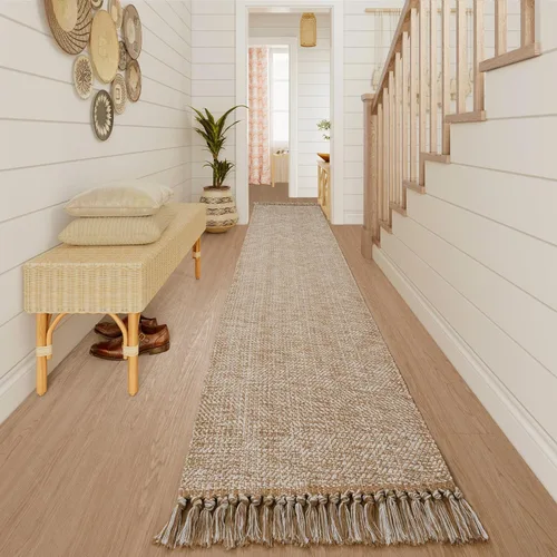 Vista 47 de Collive - Tapete de pasillo de cocina, 2 x 4.3 pies, tejido a mano, reversible, lavable, de algodón, color blanco/beige, para baño, pasillo