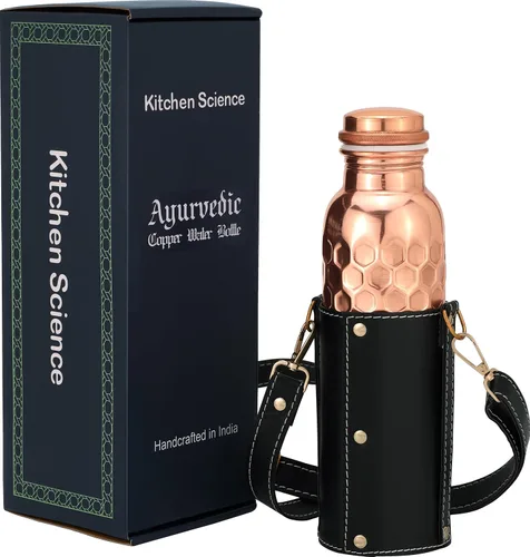 Kitchen Science Auténtica botella ayurvédica de cobre (34 oz/33.8 fl oz) de cuero para agua potable | Probado en laboratorio, a prueba de fugas y