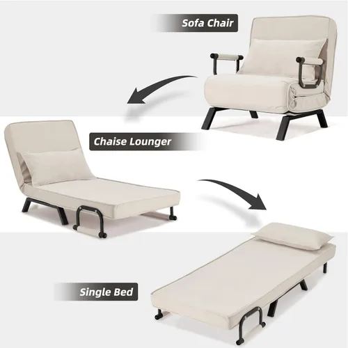 Vista 4 de Hupmad Silla Cama Convertible Sleeper, Sillón Tapizado Tri-plegable con Almohada, Sofá Chaise Lounge Plegable de Ocio, Respaldo Ajustable de 6 Beige