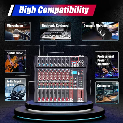 Vista 13 de Mini mezcladores de DJ de 5 canales, mezclador de audio en vivo, tablero de sonido con USB, interfaz de audio con 48 V Phantom Power Sonidos