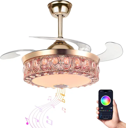 Vista 9 de Ventilador de techo Bluetooth de 42 pulgadas con luz, lámpara de araña, luz retráctil regulable y altavoz Bluetooth RGB cambio de color con control