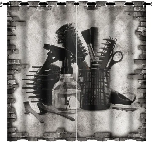 Vista 26 de Cortinas abstractas de peluquería para dormitorio, barbería elegante con herramientas de peluquería, aislamiento térmico, oscurecimiento