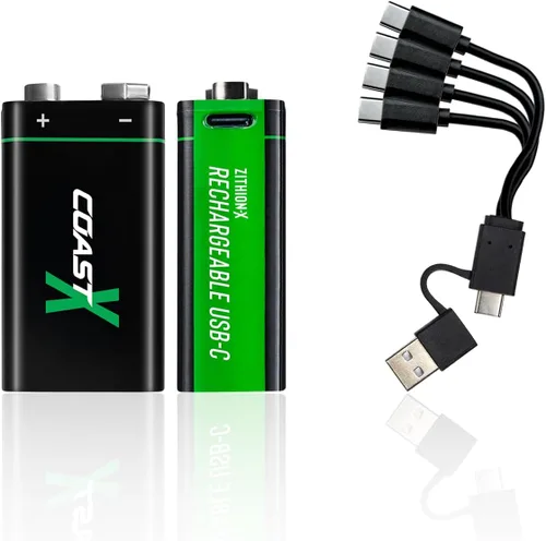Coast ZX - Baterías recargables USB-C de 9 V, ZITHION-X, iones de litio de 1.5 V 560 mAh, larga duración, se carga menos de 3 horas, cable de carga