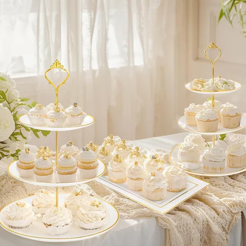 Vista 6 de Supernal Soportes para cupcakes de 3 niveles, 6 bandejas de plástico, 4 unidades de soporte para postres para cupcakes, juego de bandejas de fiesta