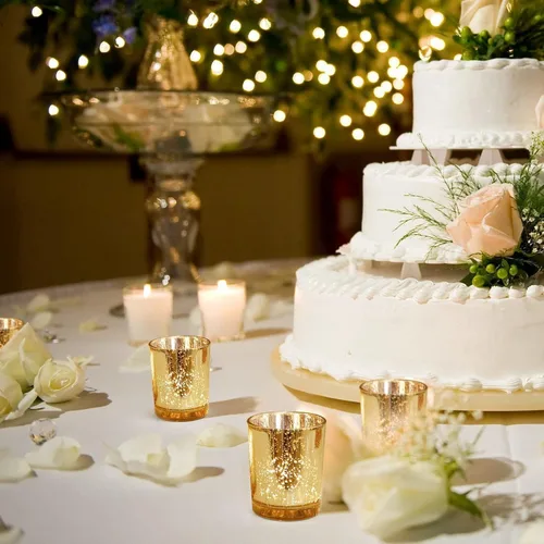 Vista 6 de DEVI Portavelas votivas doradas, 24 unidades, candelabros de cristal de mercurio, centros de mesa de boda dorados para decoración de mesa