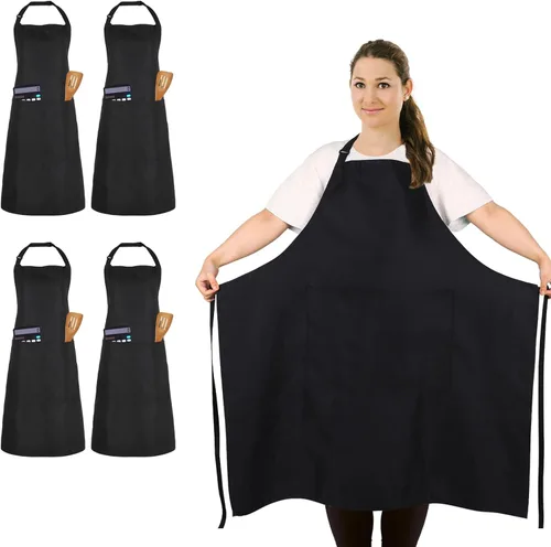 Paquete de 4 delantales de chef de tamaño grande, delantal de cocina grande con 2 bolsillos, delantal ajustable impermeable negro para hombres y