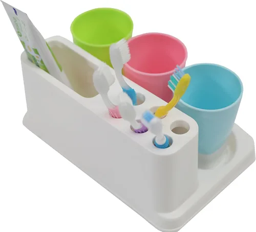 Vista 2 de Basicwise Soporte para cepillo de dientes y pasta de dientes tamaño familiar con 3 tazas, multicolor, QI003326