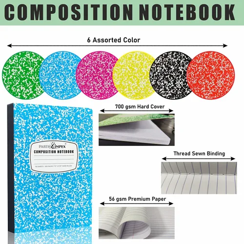 Vista 4 de PARTH iMPEX Paquete de 12 cuadernos de composición a granel con rayas anchas, 200 páginas (100 hojas), 9-3/4 x 7-1/2, cuadernos de tapa dura