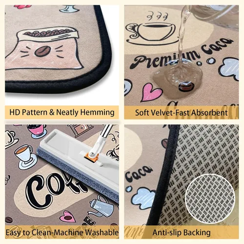 Vista 4 de Voanos Alfombras de Cocina de Café, Alfombrillas de Microfibra Lavables Antideslizantes para Piso de Cocina, Juego Decorativo de Alfombra Acolchada