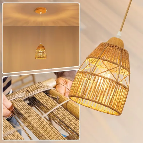 Vista 6 de Lámpara Colgante de Ratán Boho para Isla de Cocina, Candelabros de Granja de Altura Ajustable Lámpara Colgante para Comedor, Luminarias de Luces