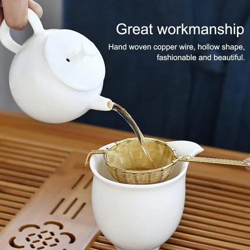 Vista 5 de Infusor de té de cobre colador de malla densa reutilizable filtro de tetera de hojas sueltas con mango largo para tetera