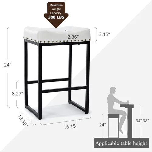 Vista 32 de LUE BONA Taburetes de bar de altura de mostrador de 24 pulgadas, juego de 3, moderno taburete de cuero sintético sin espalda con patas de metal