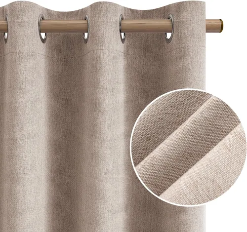 Vista 8 de HOMEIDEAS Cortinas 100% opacas beige de 63 pulgadas de largo, mezcla de lino con textura de oscurecimiento, cortinas con aislamiento térmico