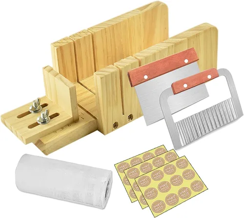 Artcome Juego de cortador de jabón, función ajustable, molde de jabón de madera, cortador de pan con cortador ondulado y recto de acero inoxidable