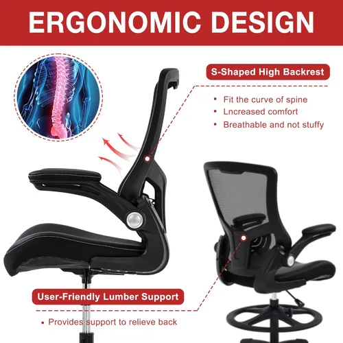 Vista 4 de FDW Silla de redacción con respaldo medio de malla, silla de oficina alta con brazos abatibles, silla de escritorio con soporte lumbar ergonómico