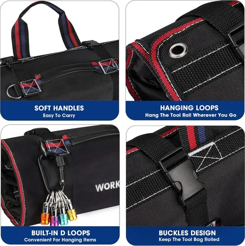 Vista 5 de WORKPRO Bolsa de herramientas enrollable, bolsa de herramientas enrollable con bolsillos desmontables, organizador de herramientas resistente con 6