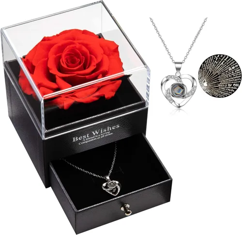 Suturun Rosa real preservada con collar I Love You en 100 idiomas, rosa real preservada eterna, regalo único para mamá, esposa, mujeres en el día de