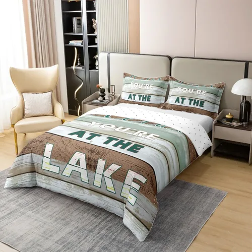 Vista 3 de jejeloiu Juego de funda de edredón de 100 % algodón, diseño de reglas del lago, decoración de casa de lago, color verde, tamaño individual