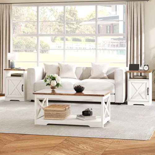 Vista 9 de AMERLIFE Juego de mesa de 3 piezas estilo granja incluye mesa de centro y dos mesas auxiliares, mesa lateral con estación de carga y puertos USB