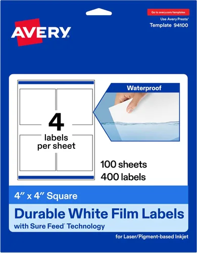 Vista 12 de Avery Etiquetas cuadradas blancas duraderas imprimibles, tecnología Sure Feed, 4 x 4 pulgadas, etiquetas impermeables, compatibles con inyección