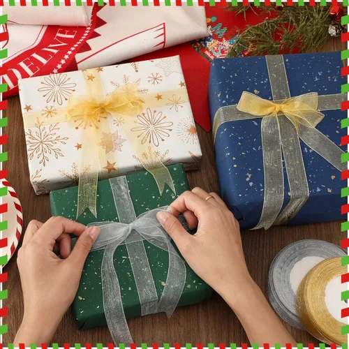 Vista 3 de Cintas de Navidad, DECYOOL 2 Rollos 100 Yardas Cintas de Organza de Navidad 0.8 Pulgadas de Ancho Cinta de Festival Navideño para Envolver Regalos