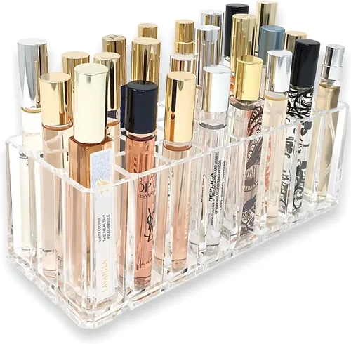 BY ALEGORY Organizador de perfume acrílico con rodillo Rollerball, soporte de fragancia de belleza, 24 espacios de organización, contenedor