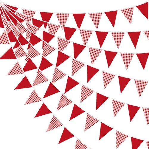 Vista 8 de Banderín a rayas rojas y blancas de 32 pies, banderines de tela triangular, guirnalda de banderines para carnaval, circo, niños, cumpleaños, boda