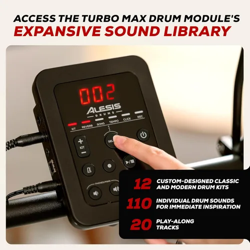 Vista 7 de Alesis Turbo Max Set de Batería Eléctrica con Almohadillas de Malla Silenciosas de 8", Lecciones, Bluetooth y Accesorios, Plegable