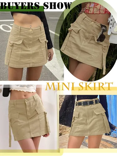 Vista 4 de Falda de carga de cintura baja para mujer, mini falda de mezclilla cargo con bolsillo