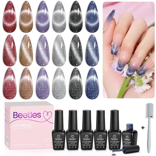 Vista 10 de Beetles - Juego de esmaltes de uñas de gel Jelly de 6 colores, tonos nude, rosa, marrón, con brillo y efecto de glitter, kit de esmaltes de gel