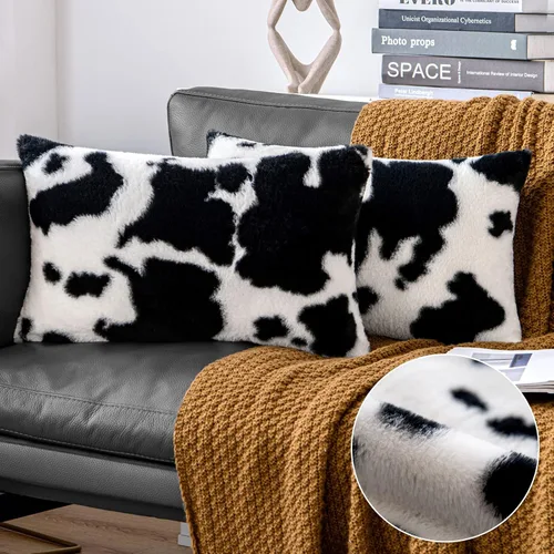 Vista 14 de Woaboy - Juego de 2 fundas de almohada de piel sintética de lujo, decorativas, suaves, de vacuno, esponjosas, de peluche, para sofá, sala de estar