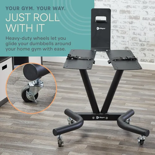 Vista 9 de Lifepro Soporte ajustable para mancuernas, compatible con PowerFlow Plus, PowerUp Plus y para más marcas, soporte para teléfono, ruedas destacadas