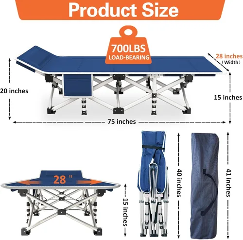 Vista 5 de Catres de campamento, paquete de 2 camas de camping con cómoda colchoneta para dormir con almohadilla, cama plegable resistente, catre de dormir
