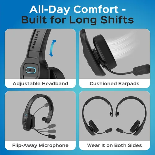 Vista 4 de Philips Auriculares Bluetooth Trucker con micrófono, auriculares inalámbricos para camionero con micrófono con cancelación de ruido AI y botón