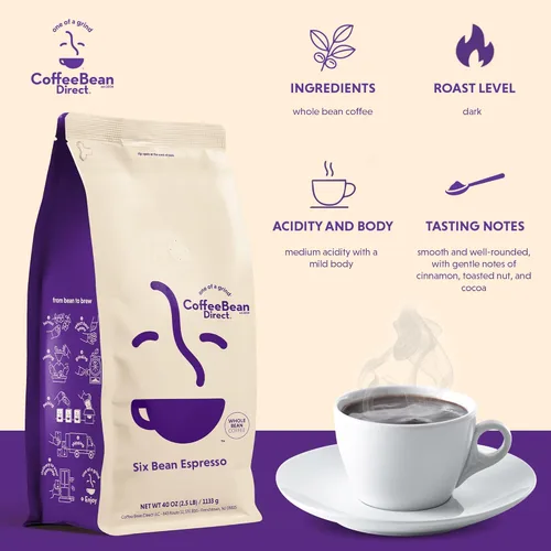 Vista 2 de Café Espresso de Seis Granos Coffee Bean Direct, Café en Grano Tostado Oscuro, Bolsa de 2.5 Libras (Paquete de 1)
