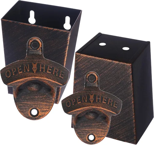 Vista 15 de Abridor de botellas de cerveza antiguo montado en la pared con tapa colector de tapas de acero inoxidable drenado estrecho (bronce envejecido)