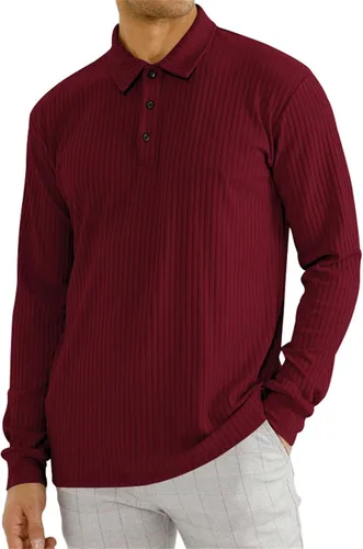 Vista 4 de PICKLION Polo a rayas para hombre, manga larga, casual, cuello con botones, suéter de golf de punto acanalado