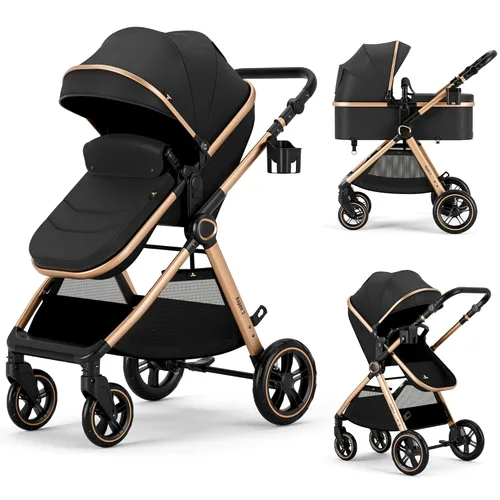 Vista 11 de Accombe Cochecito de bebé, 2 en 1, cochecito recién nacido convertible con moisés para bebé y niño pequeño, con saco (Negro)