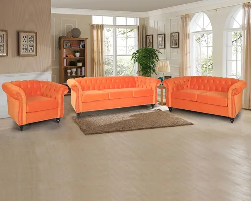 Vista 23 de RARZOE Juego de 3 piezas de muebles de sala de estar, sofá Chesterfield de terciopelo moderno, silla de club Chesterfield y sofá de dos plazas Mango