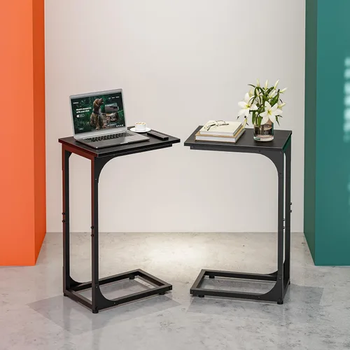 Vista 14 de Mesa auxiliar en forma de C para sofá, soporte de café pequeño, bandeja de sofá con marco de metal, parte superior de madera impermeable resistente