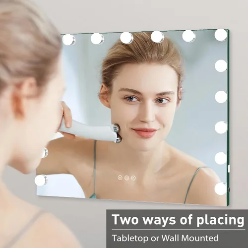 Vista 6 de HOMPEN Hollywood Vanity Mirror Makeup Mirror with Lights, Touch Screen, 3 Color Modes Frameless Tabletop Mirror with 17 Dimmable Bulbs, Green