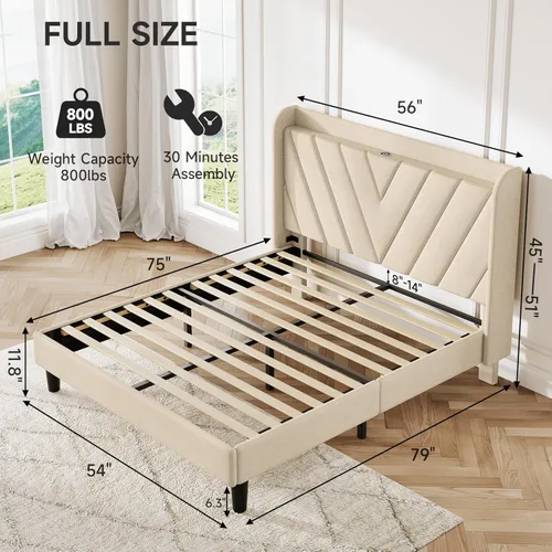 Vista 11 de koorlian Base de cama Queen con cabecero, base de cama tapizada ajustable con puertos tipo C y USB, cabecera de almacenamiento con respaldo de ala