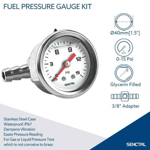 Vista 2 de SENCTRL Kit de manómetro de combustible de 0-15 PSI con tubos de combustible de acero inoxidable de 3/8 pulgadas, baja presión en línea, relleno