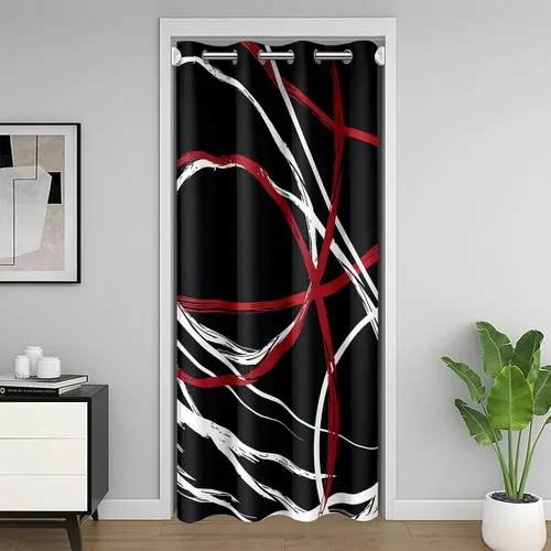 Vista 30 de Cortina de puerta con diseño de remolinos azules, negros y blancos, 1 panel de 34 pulgadas de ancho x 80 pulgadas de largo, cortinas opacas