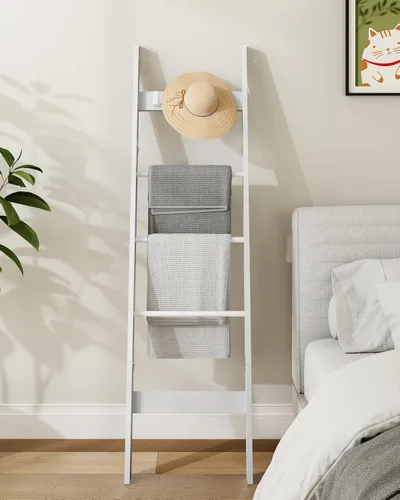 Vista 3 de Escalera para manta para sala de estar, estante decorativo para edredón con 4 ganchos extraíbles, 5 niveles de soporte de escalera de granja Blanco