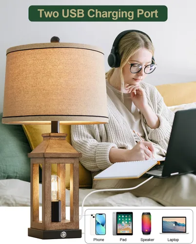 Vista 4 de G-SAFAVA Lámparas de mesa de granja de 23.75 pulgadas, puertos de carga USB A+C, lámpara de control táctil regulable de 3 vías, luz nocturna